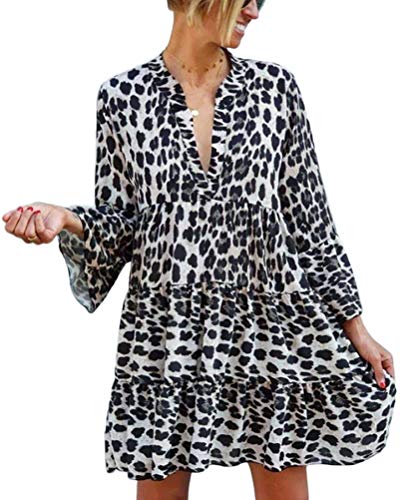 ORANDESIGNE Damen Boho Strandkleid Langarm Tunika Kleid Sommerkleid V-Ausschnitt Kleid Lose Leopard Muster Freizeit Minikleid Schwarz S von ORANDESIGNE