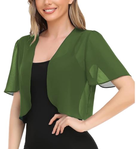 ORANDESIGNE Damen Bolero Chiffon Cardigan Leichte Kurze Festliche Bolerojacke Elegant Sommer Shrug Schulterjacke Transparent Jäckchen Kurzarm Bettjäckchen D Grün XXL von ORANDESIGNE