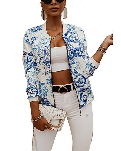 ORANDESIGNE Damen Bomberjacke Blumenprint Sommer Blumen Blüten Flower Muster Bomber Jacke Retro Piloten Biker Übergangsjacke Blouson Fliegerjacke Kurz Mit Reißverschluss Zip Blogger Blau M von ORANDESIGNE