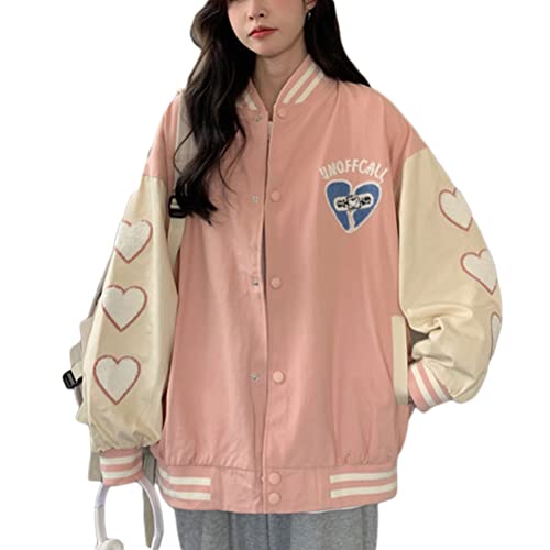 ORANDESIGNE Damen Bomberjacke College Jacke Oversized Patchwork Bedruckte Jacke 90S Vintage Racing Jacke Sweat Jacket Baseball Mantel Mädchen Frühling Herbst Übergangsjacke I Rosa S von ORANDESIGNE