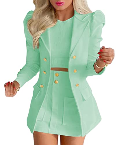 ORANDESIGNE Damen Business 2-teiliger Anzug Rock Anzug Zweiteiler Elegant Einfarbig Anzug Set Puffärmel Blazer Anzugjacke und A-Linie Rock A Grün M von ORANDESIGNE