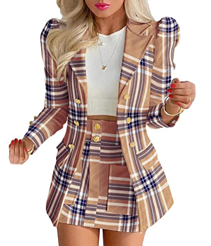 ORANDESIGNE Damen Business 2-teiliger Anzug Rock Anzug Zweiteiler Elegant Einfarbig Anzug Set Puffärmel Blazer Anzugjacke und A-Linie Rock B Braun S von ORANDESIGNE