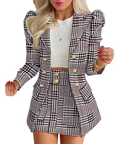 ORANDESIGNE Damen Business 2-teiliger Anzug Rock Set Anzug Zweiteiler Elegant Einfarbig Puffärmel Blazer Anzugjacke und A-Linie Rock Set B Schwarz WeißS von ORANDESIGNE