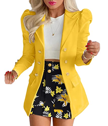 ORANDESIGNE Damen Business 2-teiliger Anzug Rock Set Anzug Zweiteiler Elegant Einfarbig Puffärmel Blazer Anzugjacke und A-Linie Rock Set B Gelb L von ORANDESIGNE