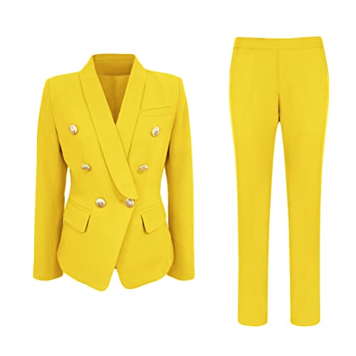 ORANDESIGNE Damen Business Anzug 2-Stück Lässig Hosenanzug Büro Suit Einfarbig Blazer + Hose C Gelb XS von ORANDESIGNE