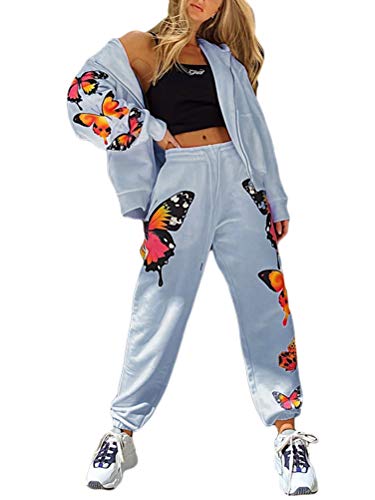 ORANDESIGNE Damen Butterfly Print Langarm Hooded Sport Fitness Trainingsanzüge Frühling Herbst Loose Casual 2-teilige Sets A Blau XS von ORANDESIGNE