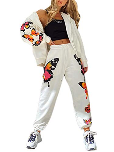 ORANDESIGNE Damen Butterfly Print Langarm Hooded Sport Fitness Trainingsanzüge Frühling Herbst Loose Casual 2-teilige Sets A Weiß M von ORANDESIGNE