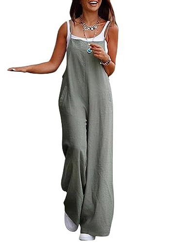 ORANDESIGNE Damen Cami Jumpsuit Frauen Sommer Weites Bein Strampler Ohne Ärmel Baumwolle Leinen Lässige Latzhose mit Tasche A Grün M von ORANDESIGNE