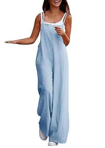 ORANDESIGNE Damen Cami Jumpsuit Frauen Sommer Weites Bein Strampler Ohne Ärmel Baumwolle Leinen Lässige Latzhose mit Tasche A Hellblau S von ORANDESIGNE