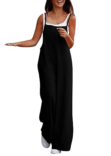 ORANDESIGNE Damen Cami Jumpsuit Frauen Sommer Weites Bein Strampler Ohne Ärmel Baumwolle Leinen Lässige Latzhose mit Tasche A Schwarz M von ORANDESIGNE