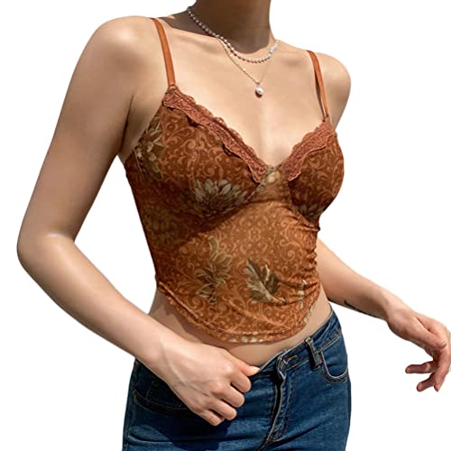 ORANDESIGNE Damen Camisole Y2K Spaghettiträger Sexy Crop Top mit V-Ausschnitt Bikinioberteil Bralette Rückenfrei Ärmellose Weste Spitzentop Aesthetic Sommertop Kurzes T-Shirt C Braun S von ORANDESIGNE