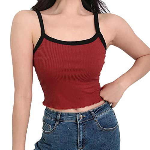 ORANDESIGNE Damen Camisole Y2K Spaghettiträger Sexy Crop Top mit V-Ausschnitt Bikinioberteil Bralette Rückenfrei Ärmellose Weste Spitzentop Aesthetic Sommertop Kurzes T-Shirt E Rot S von ORANDESIGNE