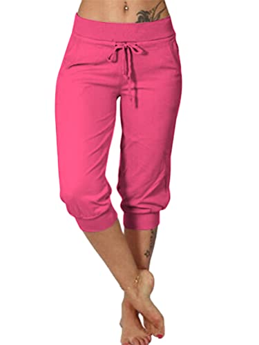 ORANDESIGNE Damen Capri 3/4 Hose Kurze Caprihose Sommer Bermuda Stretch Stoffhose Sommerhose Knielang Leggings Freizeithose C Rose L von ORANDESIGNE