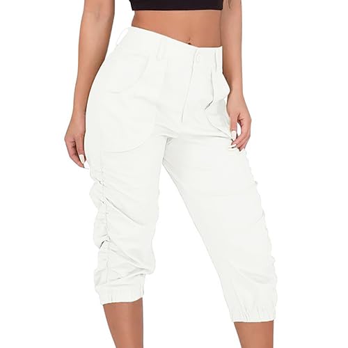 ORANDESIGNE Damen Capri Hose 3/4 Länge Cargohosen mit Tasche Einfarbig Haremshosen Sommerhosen Caprihosen Freizeithosen Pumphose Stoffhose A Weiß Arbeitshose M von ORANDESIGNE