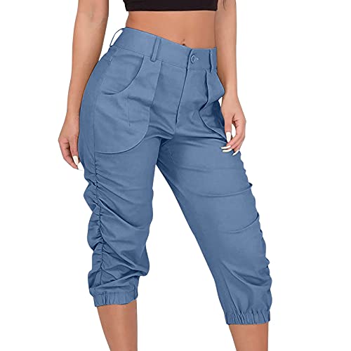 ORANDESIGNE Damen Capri Hose 3/4 Länge Cargohosen mit Tasche Einfarbig Haremshosen Sommerhosen Caprihosen Freizeithosen Pumphose Stoffhose Arbeitshose A Blau L von ORANDESIGNE