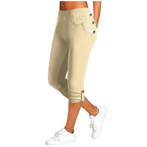 ORANDESIGNE Damen Capri Leggings mit Spitze 3/4 Capri aus Baumwolle Blickdichte Leggins Sommer Weiß High Waist Yogahose Laufhose für Gym Yoga Sport A Khaki XXL von ORANDESIGNE