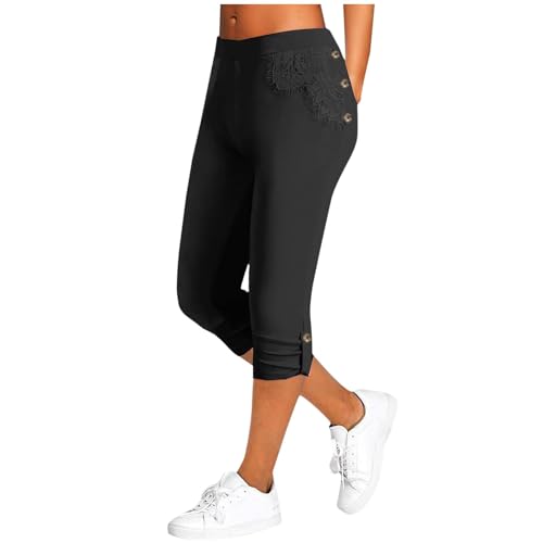 ORANDESIGNE Damen Capri Leggings mit Spitze 3/4 Capri aus Baumwolle Blickdichte Leggins Sommer Weiß High Waist Yogahose Laufhose für Gym Yoga Sport A Schwarz L von ORANDESIGNE