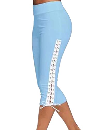 ORANDESIGNE Damen Caprihosen Sommer Skinny Spitze Stretch Hosen Hohe Taille 3/4 Länge Leggings Capri Cropped Leggings Weiche Strumpfhosen Ausgehöhlten Freizeithosen A Blau M von ORANDESIGNE