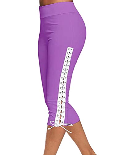 ORANDESIGNE Damen Caprihosen Sommer Skinny Spitze Stretch Hosen Hohe Taille 3/4 Länge Leggings Capri Cropped Leggings Weiche Strumpfhosen Ausgehöhlten Freizeithosen A Violett M von ORANDESIGNE