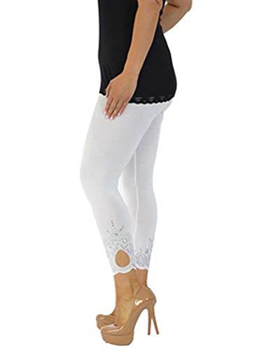 ORANDESIGNE Damen Caprihosen Sommer Skinny Spitze Stretch Hosen Hohe Taille 3/4 Länge Leggings Capri Cropped Leggings Weiche Strumpfhosen Ausgehöhlten Freizeithosen B Weiß M von ORANDESIGNE