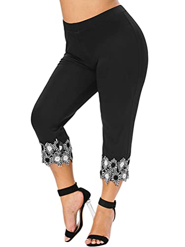 ORANDESIGNE Damen Caprihosen Sommer Skinny Spitze Stretch Hosen Hohe Taille 3/4 Länge Leggings Capri Cropped Leggings Weiche Strumpfhosen Ausgehöhlten Freizeithosen C Schwarz XL von ORANDESIGNE