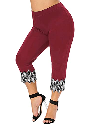 ORANDESIGNE Damen Caprihosen Sommer Skinny Spitze Stretch Hosen Hohe Taille 3/4 Länge Leggings Capri Cropped Leggings Weiche Strumpfhosen Ausgehöhlten Freizeithosen C Weinrot S von ORANDESIGNE