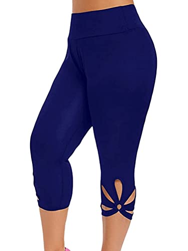 ORANDESIGNE Damen Caprihosen Sommer Skinny Spitze Stretch Hosen Hohe Taille 3/4 Länge Leggings Capri Cropped Leggings Weiche Strumpfhosen Ausgehöhlten Freizeithosen D Blau M von ORANDESIGNE