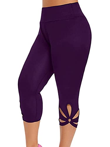 ORANDESIGNE Damen Caprihosen Sommer Skinny Spitze Stretch Hosen Hohe Taille 3/4 Länge Leggings Capri Cropped Leggings Weiche Strumpfhosen Ausgehöhlten Freizeithosen D Violett 3XL von ORANDESIGNE