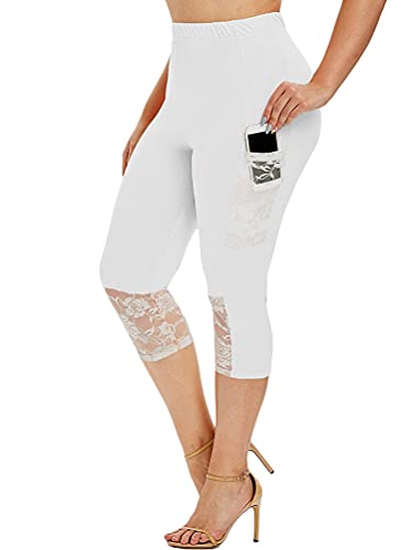 ORANDESIGNE Damen Caprihosen Sommer Skinny Spitze Stretch Hosen Hohe Taille 3/4 Länge Leggings Capri Cropped Leggings Weiche Strumpfhosen Ausgehöhlten Freizeithosen E Weiß L von ORANDESIGNE