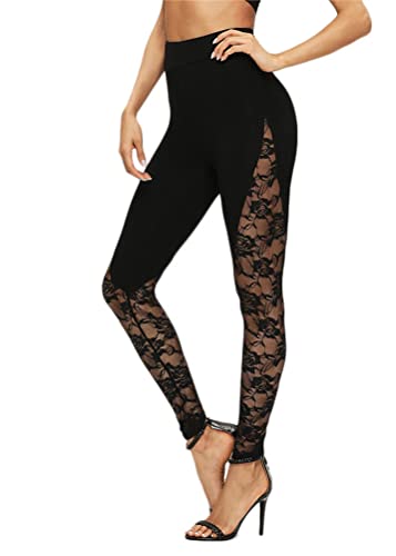 ORANDESIGNE Damen Caprihosen Sommer Skinny Spitze Stretch Hosen Hohe Taille Länge Leggings Capri Cropped Leggings Weiche Strumpfhosen Ausgehöhlten Freizeithosen J Schwarz XS von ORANDESIGNE