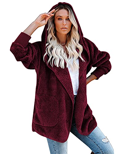 ORANDESIGNE Damen Cardigan Kapuzenjacke Teddy Fleece PlüSchjacke Mit Kapuze Casuale Zip Hoodie Cardigan Mit Kangrootaschen Kuschelig Weich Wintermode A Weinrot XL von ORANDESIGNE