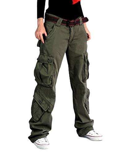 ORANDESIGNE Damen Cargo Hose, Frauen Armee Militär Beiläufig Ladung Keuchen Hosen mit Multi Taschen Mode Loose Fit Casual Hosen High Waist Bequem Jogginghose B Grün L von ORANDESIGNE