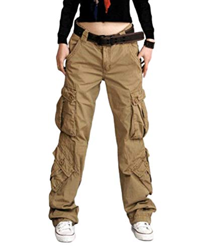 ORANDESIGNE Damen Cargo Hose, Frauen Armee Militär Beiläufig Ladung Keuchen Hosen mit Multi Taschen Mode Loose Fit Casual Hosen High Waist Bequem Jogginghose B Khaki XL von ORANDESIGNE