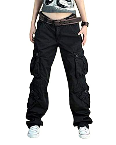 ORANDESIGNE Damen Cargo Hose, Frauen Armee Militär Beiläufig Ladung Keuchen Hosen mit Multi Taschen Mode Loose Fit Casual Hosen High Waist Bequem Jogginghose B Schwarz XL von ORANDESIGNE