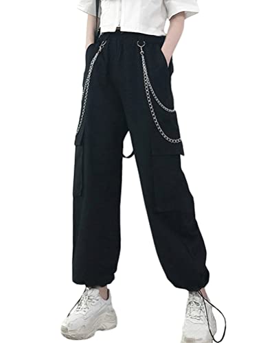 ORANDESIGNE Damen Cargo Hose Freizeithosen Arbeit Kampf Hosen Hip Hop Jogger Hosen Baggy Streetwear Punk Hose mit Mehrere Taschen Y Schwarz L von ORANDESIGNE