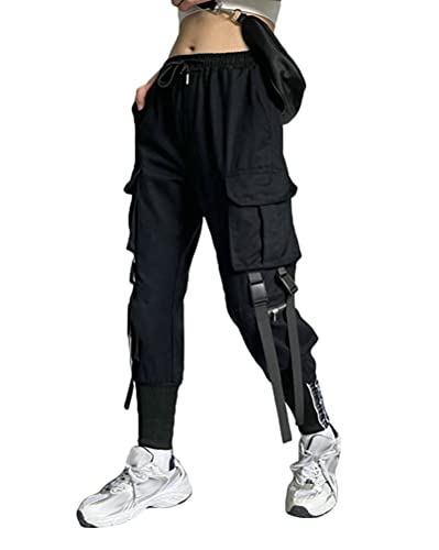 ORANDESIGNE Damen Cargo Hose Freizeithosen Arbeit Kampf Techwear Hosen Hip Hop Jogger Hosen Baggy Streetwear Punk Hose mit Mehrere Taschen B Schwarz 3XL von ORANDESIGNE