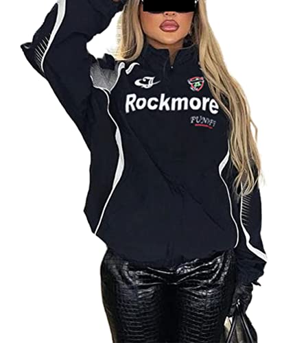 ORANDESIGNE Damen Cargo Jacke Frauen Langarm Windbreaker mit Lockerem Reißverschluss Leichte Mäntel Retro Y2k Bomberjacke Vintage Baseball Sportjacke Streetwear Z09 Dunkelblau S von ORANDESIGNE