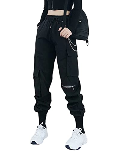 ORANDESIGNE Damen Cargo Schwarz Hose Freizeithosen Arbeit Kampf Hosen Hip Hop Jogger Hosen Baggy Streetwear Punk Hose mit Mehrere Taschen ZA Schwarz 3XL von ORANDESIGNE