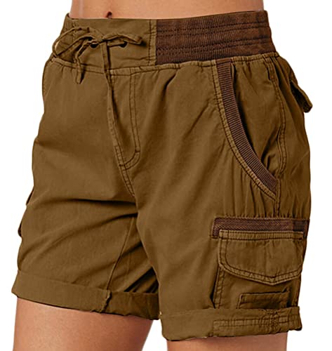 ORANDESIGNE Damen Cargo Shorts Militär Kurze Hosen Multi Taschen Hoch Tailliert Freizeithose Outdoorhose Arbeitshose Bermuda Shorts Outdoor Wandern Shorts A Braun M von ORANDESIGNE