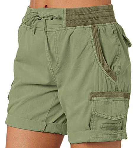 ORANDESIGNE Damen Cargo Shorts Militär Kurze Hosen Multi Taschen Hoch Tailliert Freizeithose Outdoorhose Arbeitshose Bermuda Shorts Outdoor Wandern Shorts A Grün L von ORANDESIGNE