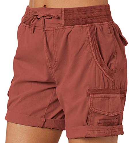 ORANDESIGNE Damen Cargo Shorts Militär Kurze Hosen Multi Taschen Hoch Tailliert Freizeithose Outdoorhose Arbeitshose Bermuda Shorts Outdoor Wandern Shorts A Rot L von ORANDESIGNE