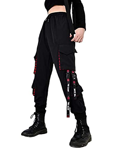 ORANDESIGNE Damen Cargohose Arbeit Kampf Techwear Hose Hip Hop Mehrere Taschen Tapered Hosen Schnalle Riemen Jogginghose Sweatpants C Schwarz S von ORANDESIGNE