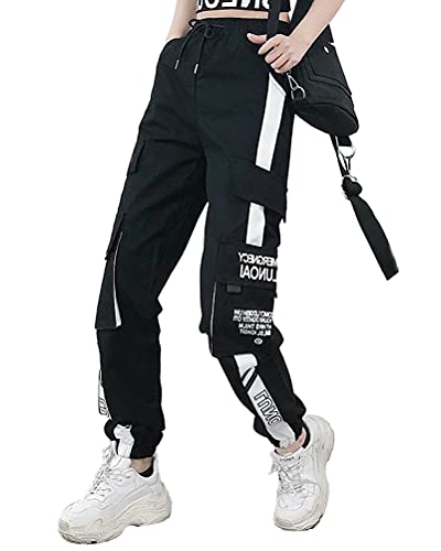 ORANDESIGNE Damen Cargohose Arbeit Kampf Techwear Hose Hip Hop Mehrere Taschen Tapered Hosen Schnalle Riemen Jogginghose Sweatpants H Schwarz M von ORANDESIGNE