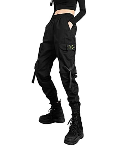 ORANDESIGNE Damen Cargohose Arbeit Kampf Techwear Hose Hip Hop Mehrere Taschen Tapered Hosen Schnalle Riemen Jogginghose Sweatpants K Schwarz S von ORANDESIGNE