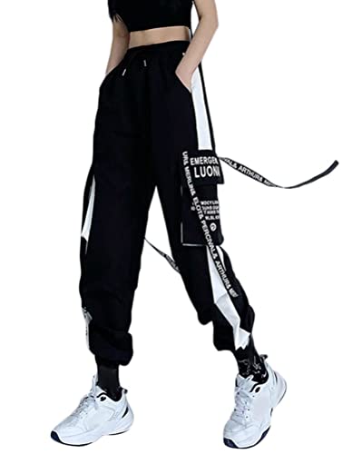 ORANDESIGNE Damen Cargohose Arbeit Kampf Techwear Hose Hip Hop Mehrere Taschen Tapered Hosen Schnalle Riemen Jogginghose Sweatpants M Schwarz S von ORANDESIGNE