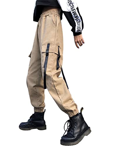 ORANDESIGNE Damen Cargohose Arbeit Kampf Techwear Hose Hip Hop Mehrere Taschen Tapered Hosen Schnalle Riemen Jogginghose Sweatpants V Khaki S von ORANDESIGNE