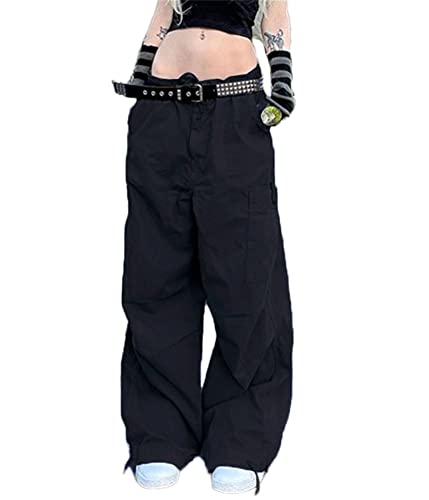 ORANDESIGNE Damen Cargohose Baggy High Waist Sportlich Hose mit Weitem Bein Gummizug Oversized Hippie Jogginghose Y2K Vintage Aesthetic E-Girl Teenager Mädchen Harajuku Streetwear A Schwarz L von ORANDESIGNE