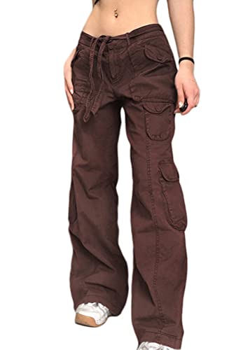 ORANDESIGNE Damen Cargohose Baggy Hohe Taille Gerade Breites Bein Baggy Denim Hosen Y2k Aesthetic Vintage Lang Freizeithose 90er E-Girl Streetwear F Braun M von ORANDESIGNE