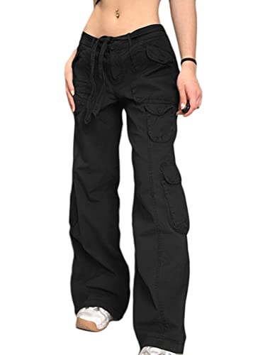 ORANDESIGNE Damen Cargohose Baggy Hohe Taille Gerade Breites Bein Baggy Denim Hosen Y2k Aesthetic Vintage Lang Freizeithose 90er E-Girl Streetwear F Schwarz S von ORANDESIGNE