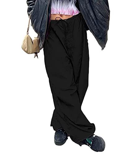 ORANDESIGNE Damen Cargohose Baggy Hohe Taille Gerade Breites Bein Baggy Denim Hosen Y2k Aesthetic Vintage Lang Freizeithose 90er E-Girl Streetwear G Schwarz M von ORANDESIGNE